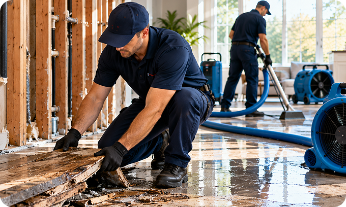 Flood damage restoration crew removing damaged materials